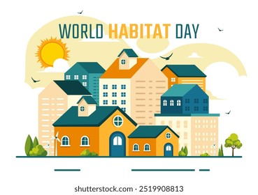 World Habitat Day Vector Illustration on 3 October, featuring a Clean City, Natural Trees, and Urban Areas for Adequate Housing in a Flat Background