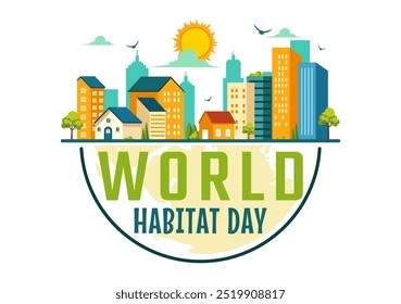 World Habitat Day Vector Illustration on 3 October, featuring a Clean City, Natural Trees, and Urban Areas for Adequate Housing in a Flat Background