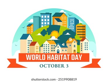 World Habitat Day Vector Illustration on 3 October, featuring a Clean City, Natural Trees, and Urban Areas for Adequate Housing in a Flat Background