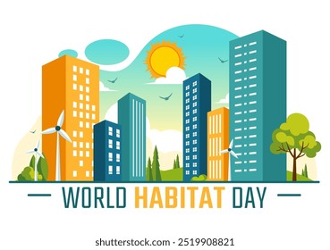 World Habitat Day Vector Illustration on 3 October, featuring a Clean City, Natural Trees, and Urban Areas for Adequate Housing in a Flat Background