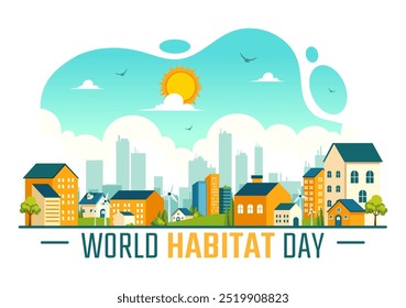 World Habitat Day Vector Illustration on 3 October, featuring a Clean City, Natural Trees, and Urban Areas for Adequate Housing in a Flat Background