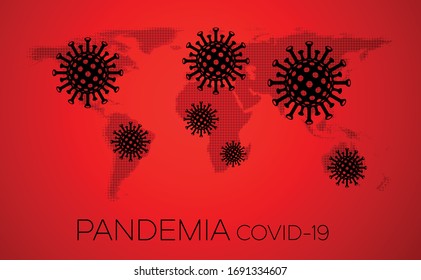 Mapa rojo de semitono mundial con iconos planos negros covid-19 en los continentes. Pandemia covid-19. Ilustración vectorial.