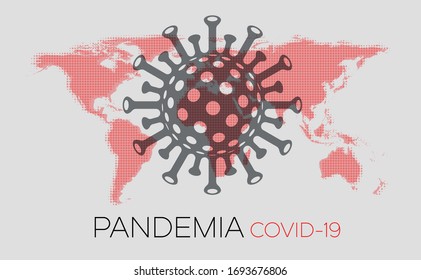 World halftone red map with covid-19 image. Pandemia covid-19 sign. Vector illustration.