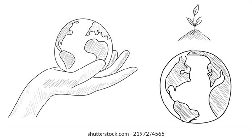 World In Hand.  Earth, Sapling, Seedling. Hand Drawing Sketch Vector Illustration