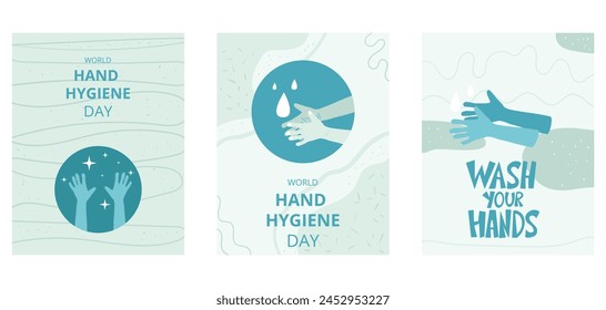 World hand hygiene day templates set. Wash your hands hand drawn lettering awareness background. Vector flat illustration.