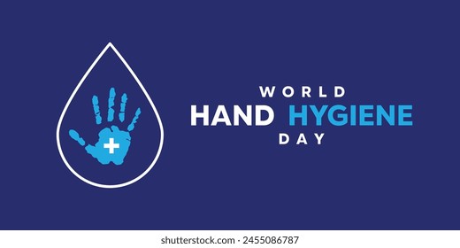 Día Mundial de la Higiene de Manos. Icono de agua, mano y más. Ideal para tarjetas, Anuncios, afiches, redes sociales y más. Fondo azul.