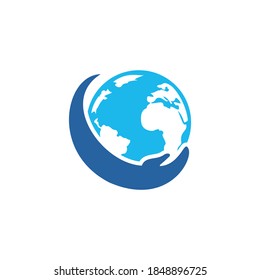 World Hand Logo. Save World Logo Design. Global Care Logo Concept.