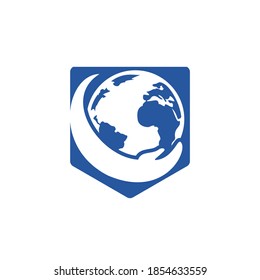Logo de la mano del mundo. Guardar el diseño del logo del mundo. Concepto del logotipo de cuidado global.