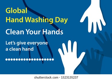world hand washing day, background for banners, with white hand drawings and writing, blue background