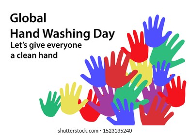 world hand washing day, background for banners, with colorful hand drawings and writing, white background