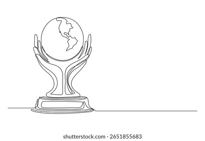 world in Hands Earth Globe Trophy Line Art, Hands Holding Globe - One Line Art, World Globe Trophy in Single Line Art Style