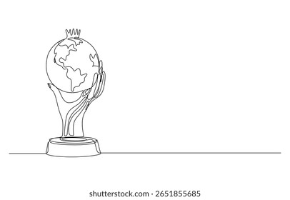 world in Hands Earth Globe Trophy Line Art, Hands Holding Globe - One Line Art, World Globe Trophy in Single Line Art Style