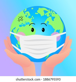 The world with hands, save the world concept flat design. vector design EPS10. COVID-19 with the World Wearing Mask. Vector design EPS10. 
