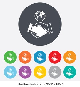 World handshake sign icon. Amicable agreement. Successful business with globe symbol. Round colourful 11 buttons. Vector