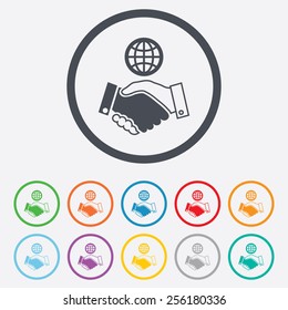 World handshake sign icon. Amicable agreement. Successful business with globe symbol. Round circle buttons with frame. Vector