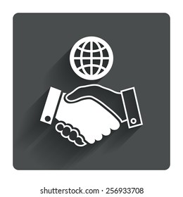 World handshake sign icon. Amicable agreement. Successful business with globe symbol. Gray flat square button with shadow. Modern UI website navigation. Vector