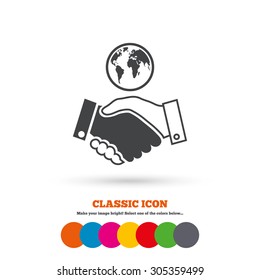 World handshake sign icon. Amicable agreement. Successful business with globe symbol. Classic flat icon. Colored circles. Vector