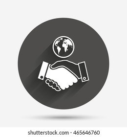 World handshake sign icon. Amicable agreement. Successful business with globe symbol. Circle flat button with shadow. Vector