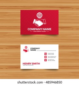 World handshake sign icon. Amicable agreement. Successful business with globe symbol. Business card template with phone, globe and pointer icons. Visiting card design. Vector