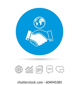 World handshake sign icon. Amicable agreement. Successful business with globe symbol. Copy files, chat speech bubble and chart web icons. Vector