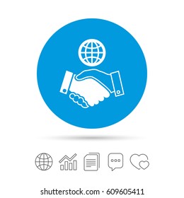 World handshake sign icon. Amicable agreement. Successful business with globe symbol. Copy files, chat speech bubble and chart web icons. Vector