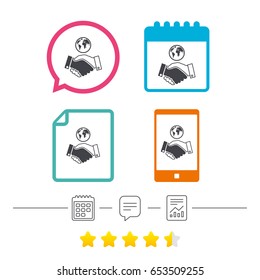 World handshake sign icon. Amicable agreement. Successful business with globe symbol. Calendar, chat speech bubble and report linear icons. Star vote ranking. Vector