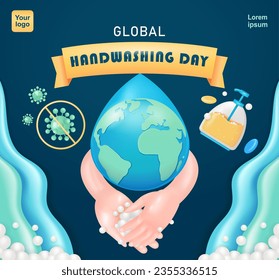 Día Mundial del Lavado de Manos. Lavarse la mano con jabón hasta que sea espuma, con elementos de gotitas de agua, globo, virus y jabón. Prevenir la infección por virus, vectores 3d. Adecuado para la educación