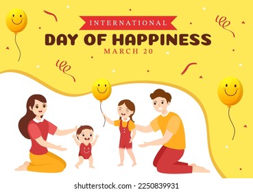 World Happiness Day Celebration Illustration with Kids Smiling Face Expression Yellow for Web Banner or Landing Page in Cartoon Hand Drawn Templates