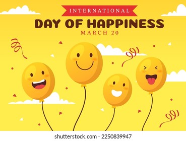 Celebración del Día Mundial de la Felicidad Ilustración con sonriente expresión facial Amarillo por banner web o página de aterrizaje en plantillas dibujadas a mano de dibujos planos