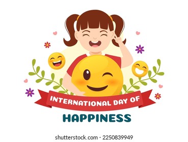 World Happiness Day Celebration Illustration with Kids Smiling Face Expression Yellow for Web Banner or Landing Page in Cartoon Hand Drawn Templates