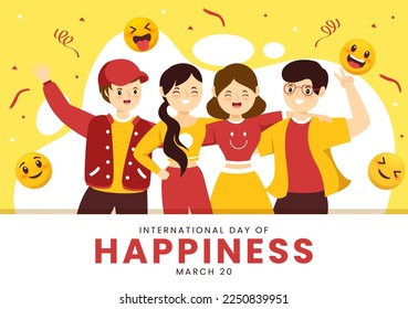 World Happiness Day Celebration Illustration with Smiling Face Expression Yellow for Web Banner or Landing Page in Flat Cartoon Hand Drawn Templates