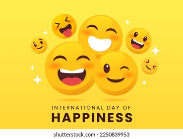 Celebración del Día Mundial de la Felicidad Ilustración con sonriente expresión facial Amarillo por banner web o página de aterrizaje en plantillas dibujadas a mano de dibujos planos