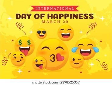 World Happiness Day Celebration Vector Illustration with on 20 March Smiling Face Expression and Yellow Background in Flat Cartoon Design