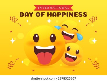 Ilustración vectorial del Día Mundial de la Felicidad con expresión facial sonriente y fondo amarillo en diseño de caricatura plana el 20 de marzo