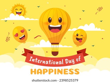 World Happiness Day Celebration Vector Illustration with on 20 March Smiling Face Expression and Yellow Background in Flat Cartoon Design