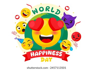 World Happiness Day Celebration Vector Illustration with Events and Product Releases in Different Facial Expression Cute Cartoon Background