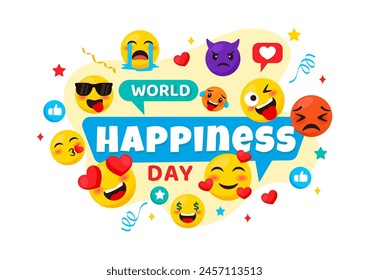 World Happiness Day Celebration Vector Illustration with Events and Product Releases in Different Facial Expression Cute Cartoon Background