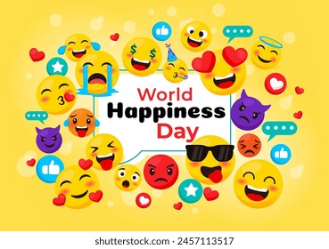 World Happiness Day Celebration Vector Illustration with Events and Product Releases in Different Facial Expression Cute Cartoon Background