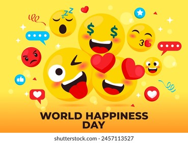 World Happiness Day Celebration Vector Illustration with Events and Product Releases in Different Facial Expression Cute Cartoon Background