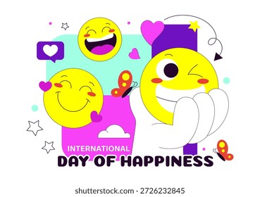 Ilustración vectorial De Celebración Del Día Mundial De La Felicidad El 20 De Marzo Con Expresión De Cara Sonriente Con Fondo Amarillo En Diseño De Dibujos Animados Planos