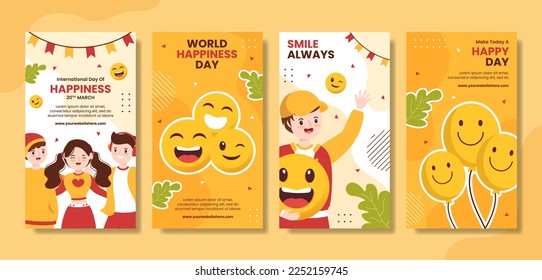 World Happiness Day Social Media Stories with Smiling Face Flat Cartoon Hand Drawn Templates Illustration