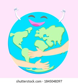 The world is happy because humans save the globe. flat design illustration. earth day concept.