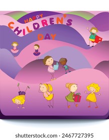 Día Mundial feliz de los niños Celebraciones Ilustración vectorial de diseño de fondo. Afiche del Día del Niño Feliz, niños jugando, familia, Día del Niño. Adecuado para Anuncios, redes sociales.