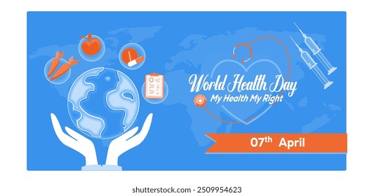  World Health Awareness Day. Hand holding a globe with health icons on it. World Health Day concept. Flat vector illustration.