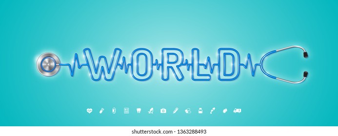 World health care concept stethoscope, heartbeat and flat icons in medicine, medical, health, cross decoration for flyers, poster, web, banner, and card vector illustration