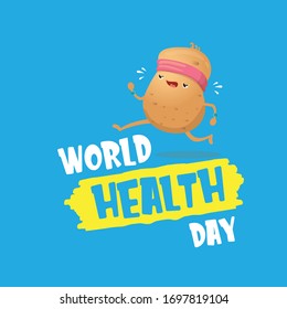 World health care day vector illustration with cartoon funky potato character running or jogging outdoor. Cute sporty healthy vegetable character making cardio sport exercise. Fitness cardio concept