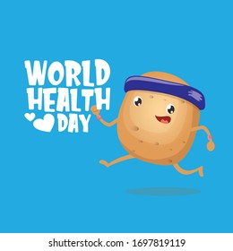 World health care day vector illustration with cartoon funky potato character running or jogging outdoor. Cute sporty healthy vegetable character making cardio sport exercise. Fitness cardio concept