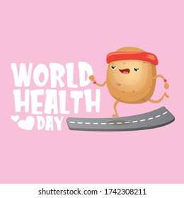 World health care day vector illustration with cartoon funky potato character running or jogging outdoor. Cute sporty healthy vegetable character making cardio sport exercise. Fitness cardio concept