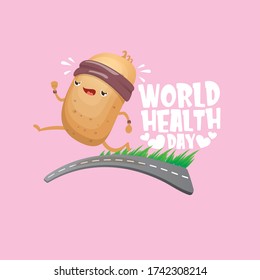 World health care day vector illustration with cartoon funky potato character running or jogging outdoor. Cute sporty healthy vegetable character making cardio sport exercise. Fitness cardio concept