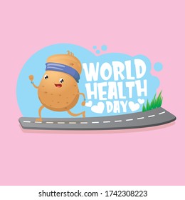 World health care day vector illustration with cartoon funky potato character running or jogging outdoor. Cute sporty healthy vegetable character making cardio sport exercise. Fitness cardio concept
